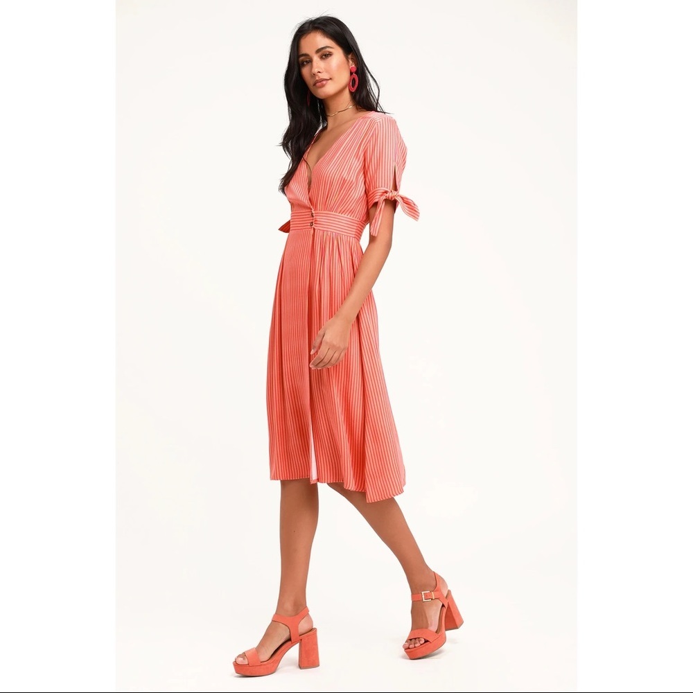LULUS sunshine dreamer coral striped midi dress